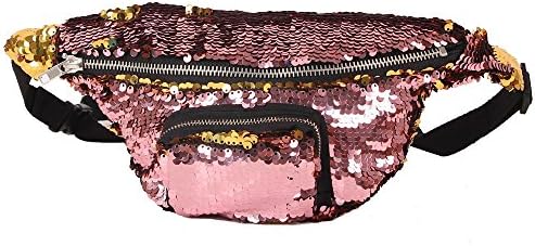 YuKing Unisex Mermaid Sequins Fanny Waist Pack Double Color Beach Waist Bag Casual Sport Outdoor Travel Crossbody Bags (Pink/Gold)