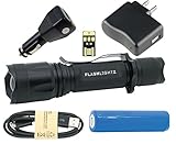 FlashlightZ Beacon Ultra Bright Rechargeable LED Tactical, Super Bundle with Adjustable Focus, Rechargeable Lithium Battery, Charge Cord, USB Car Plus Wall Adapter and USB Light, 1000 lm