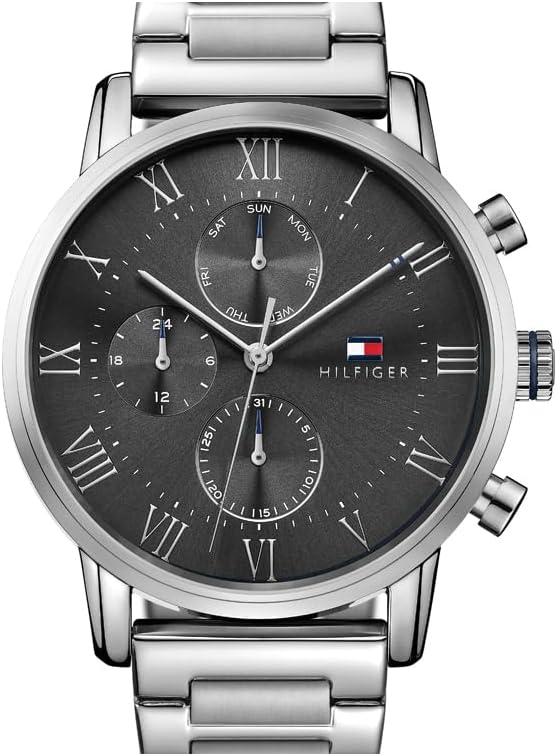 Montre Multifonction à Quartz Analogique pour Homme 44mm - Cadran Gris, Bracelet en Acier Inoxydable Argenté, 3 sous-Cadrans, Résistance à l'eau 3ATM - 1791397