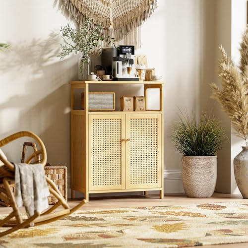 HITNET Rattan Storage Cabinet, Bathroom Cabinet with 2 Doors, Bamboo Free Standing Side Organizer for Living Room, Kitchen, Entryway, Natural