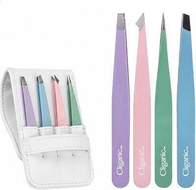 Cliganic 4-Piece Professional Tweezers Set with Case - Stainless Steel
