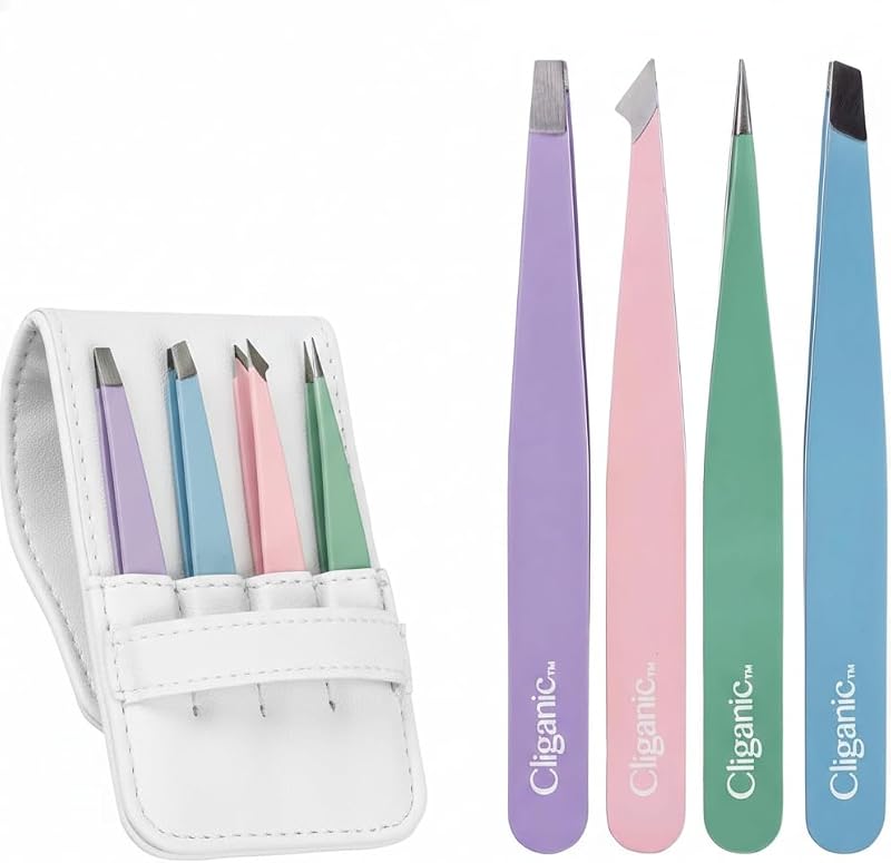 Cliganic 4-Piece Professional Tweezers Set with Case - Stainless Steel