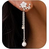 Dangle Earrings For Women, 14K Gold Plated Pearl Flower Earrings Dainty Drop Statement Earring For Women Trendy Wedding Long Teardrop Earring Formal Bridal Bridesmaid Tarnish Free Gold Jewelry