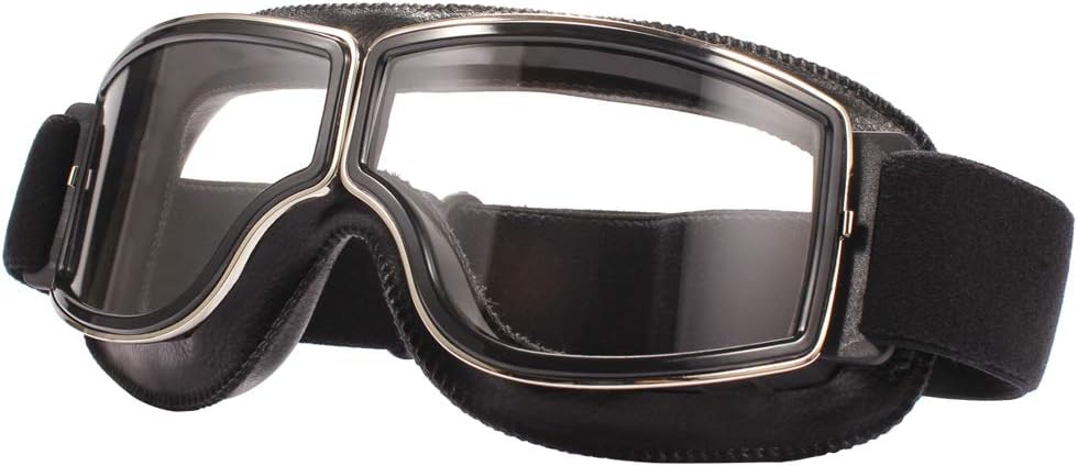 Ashilun Retro Pilot Motorcycle Goggles - Fog-proof Warm ATV Bike Motocross Glasses - Safety Goggles (Black Frame/Transparent Lens)