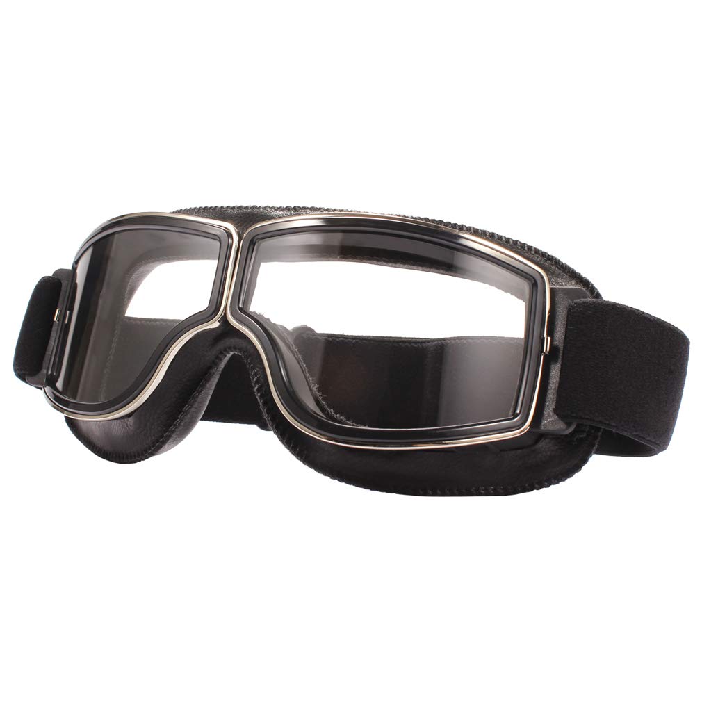 Ashilun Retro Pilot Motorcycle Goggles - Fog-proof Warm ATV Bike Motocross Glasses - Safety Goggles (Black Frame/Transparent Lens)