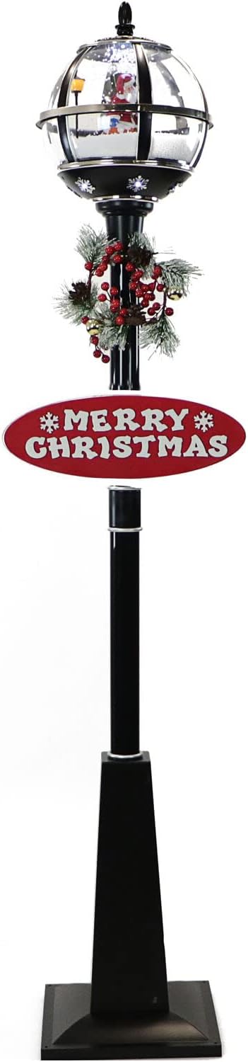 Snow Globes - Fraser Hill Farm Let It Snow Series 69-in. Musical Snow Globe Lamp Post with Santa Claus | 2 Festive Signs | Cascading Snow | Christmas Carols | Holiday Home Decor | Black | FSSL069A-BLK