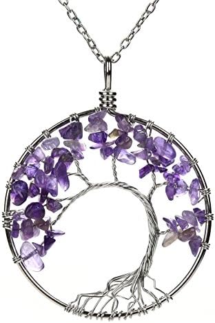 Amethyst Crooked Tree APURSUE Tree Of Life Pendant Necklace with 2 Chains + 2 Waxed Cotton Cord, Nature Stone Handmade Amethyst Crystal Necklace Gemstone Chakra Jewelry Women Valentine's Day Girls