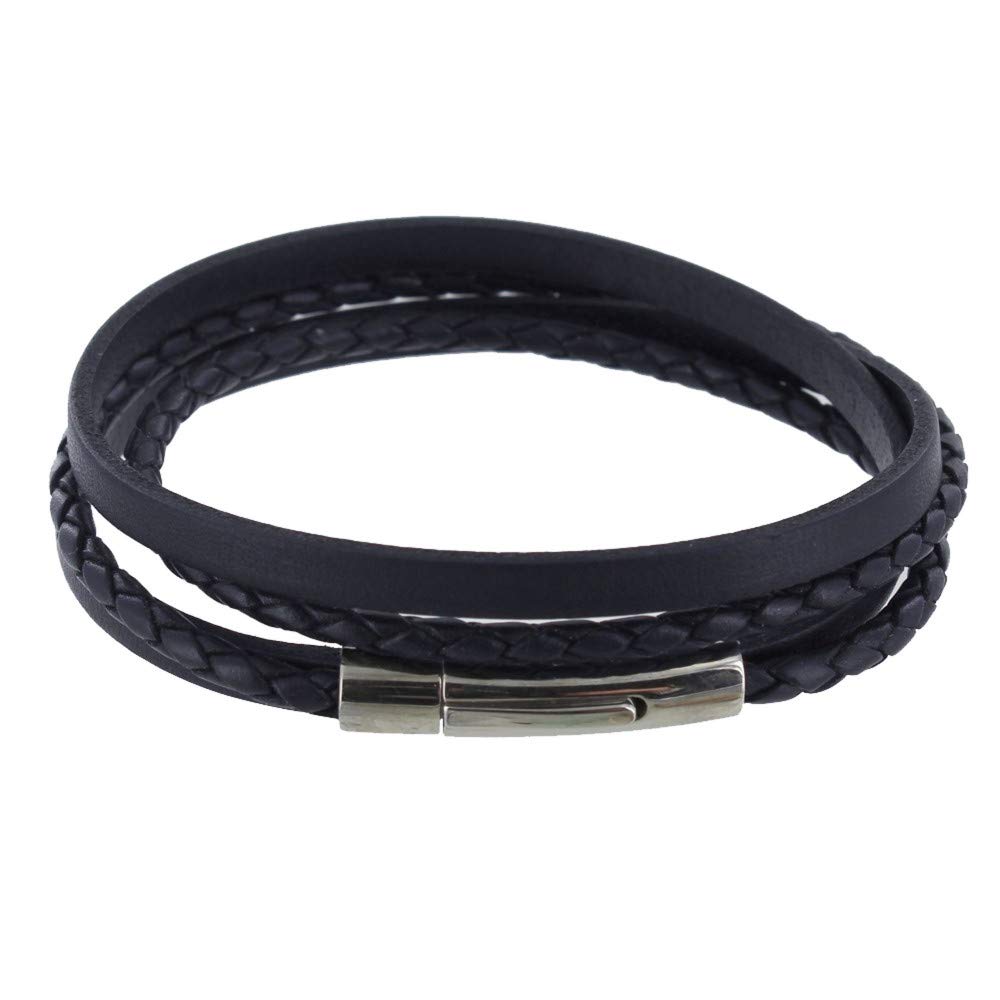 LES POULETTES BIJOUX - Men's Bracelet Two Stripes Leather Flat and Round Braided Stainless Steel Clasp - Classics - Blue Navy