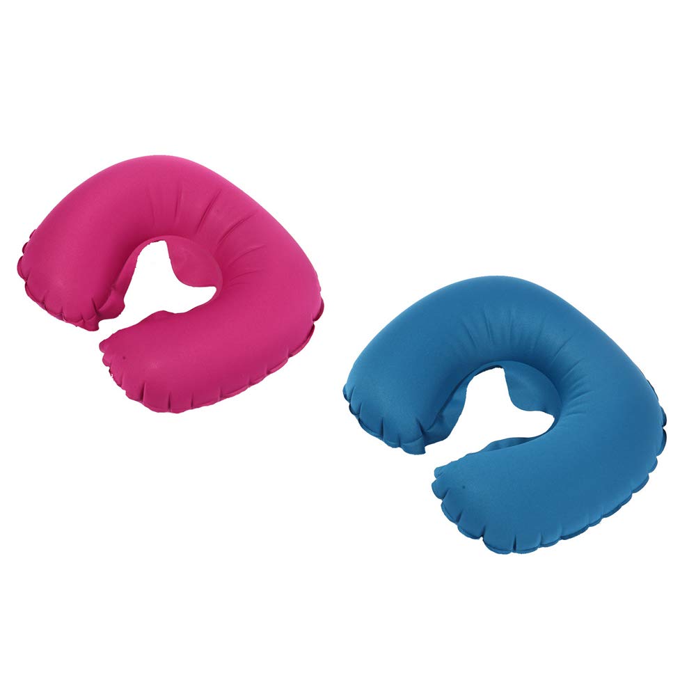 NUZAMAS Set of 2 Travel Pillows - Soft Cover, Easy Inflatable Lightweight U Neck Pillow for Airplane, Camping, Blue and Hot Pink, Car Rides - Built In Ultra Compact Carry Bag Included