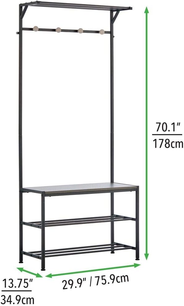 mDesign Coat Rack and Bench Organizer System Storage Unit, 4 Hooks Holds Jackets, Scarves, Purses, Hats, Leashes, Shoes, Boots for Bedroom, Hallway, Entryway 2-Tier Storage Bench- Black/Gray Wood Wash: Home & Kitchen