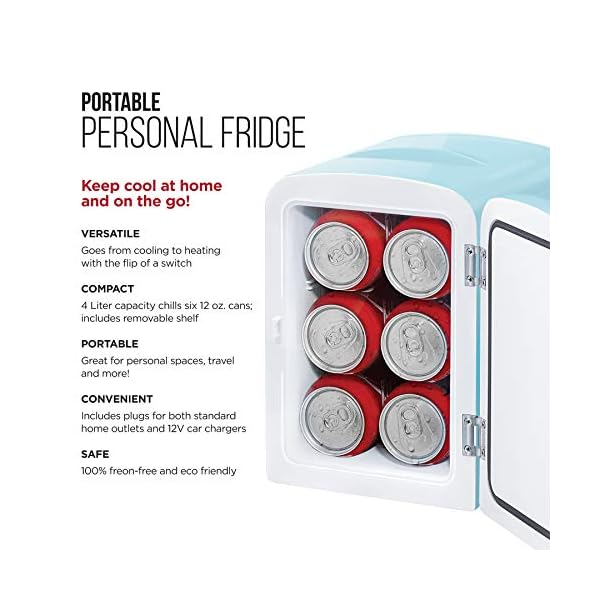 Chefman Mini Portable Blue Personal Fridge Cools Or Heats Provides Compact Storage For Skincare Snacks Or 6 12oz Cans W A Lightweight 4 Liter Capacity To Take On The Go