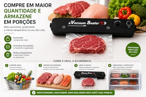 Seladora a Vácuo para Alimentos Vacuum Sealer, Máquina Compacta Automática para Embalar Carnes, Legumes, Frutas, Grãos e Porções para Geladeira e Freezer