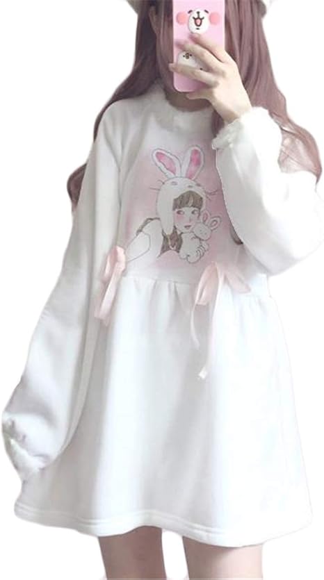Amazon Co Jp ジャンーウェ パーカーワンピース 長袖 レディース 日系 萌え プルオーバー チュニック ミニ丈 フレアもこもこ襟 アニメプリント 春秋冬 ホワイト 服 ファッション小物