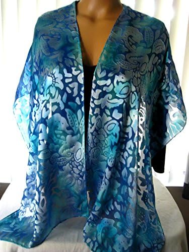 French Devore Silk &amp; Satin Scarf 14x72 inches, Hand Dyed Soft Teal Green and Light Blue.
