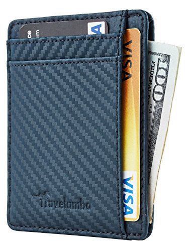 Travelambo RFID Front Pocket Minimalist Slim Wallet Genuine Leather Small Size (carbon fiber texture blue)carbon fiber texture gray