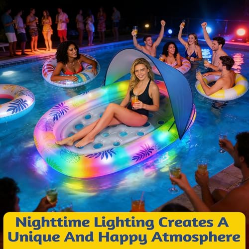 JONRRYIN Materassino Gonfiabile Piscina 180×110cm, Lettino Abbronzante per Adulti con Tettuccio Parasole Rimovibile ed Effetti Luminosi per Piscina, Spiaggia e Lago
