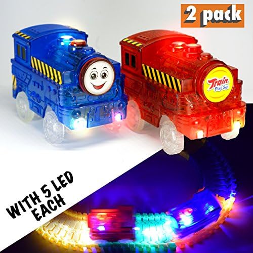 Light Up Toy Car Blue and Red Train (2-Pack) with 5 LED Lights Glow in the Dark Racing Track Accessories Compatible with Most Tracks for Boys and Girls