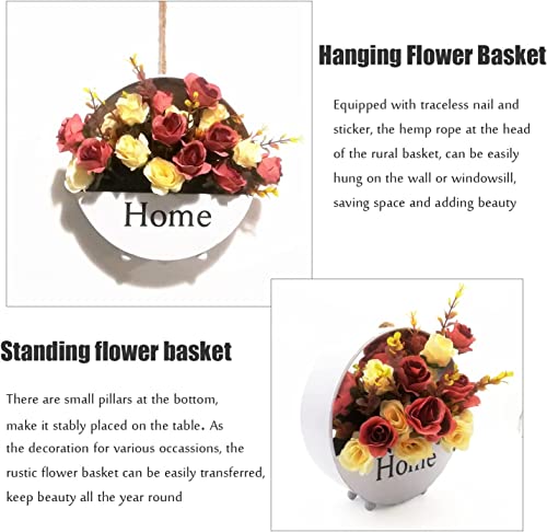Gosyfeti Rustic Artificial Flowers Wall Decor, Hanging Wall Decor for Flower, Silk Roses in Basket for Home Indoor Outdoor, Plants Flower Basket Garden Yard, Wedding Decor Porch