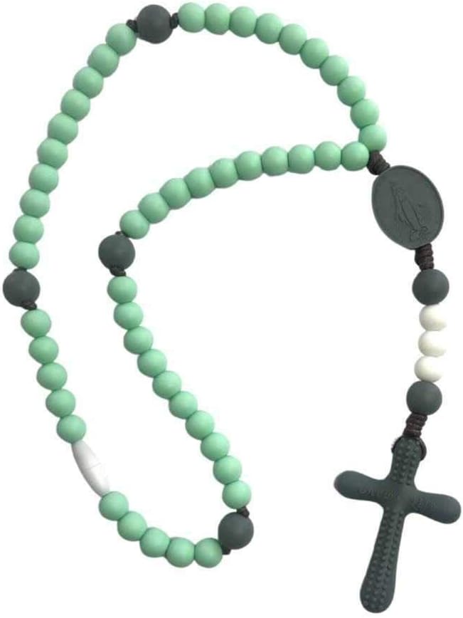 Chews Life - Teething Rosary Beads - Baptism Gift & Mass Toy for Catholic Girls & Boys, Handmade, Silicone Beads & Organic Cotton Cord - CPSIA Certified Safe - Mint & Gray