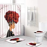 Four-Piece Set, African Women Printing Toilet Pad Cover Bath Mat Shower Curtain Set