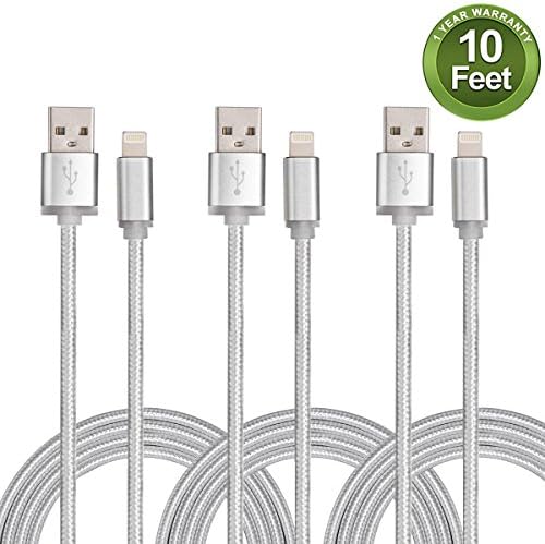 Fene Certified 10 Feet / 3 Meter Nylon Braided Lightning to USB Cable - (3 Pack)
