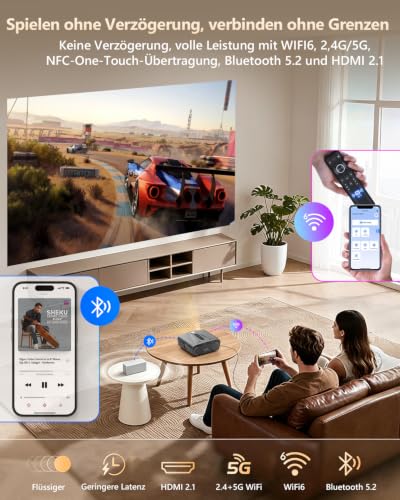 4K Projector UHD 2300 ANSI Daylight Projector Indoor Home Cinema HDR10 WiFi6 Bluetooth NFC Smart Android Projectors Auto Focus/Trapezoidal Correction HDMI ARC USB WLAN Streaming Apps Cinema Gaming