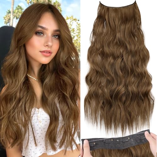 Photo 1 of KooKaStyle Invisible Wire Hair Extensions with Transparent Headband Adjustable Size 4 Secure Clips Long Wavy Secret Wire Hairpiece 24 Inch for Women(COCOA#)
