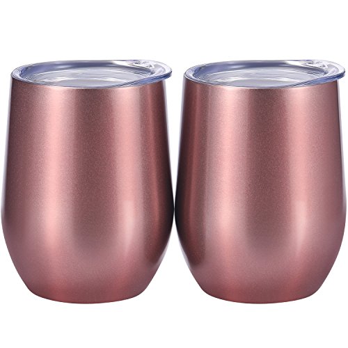 Skylety 12 oz Double-insulated Stemless Glass, Stainless Steel Tumbler Cup with Lids for Wine, Coffee, Drinks, Champagne, Cocktails, 2 Sets (Bright Rose Gold)