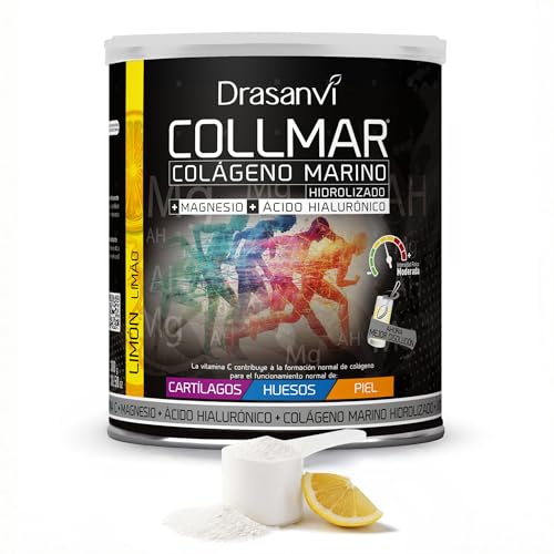 COLLMAR Colágeno Marino Hidrolizado con Ácido Hialurónico, Magnesio, Vitamina C | para Cartílagos, Huesos y Piel |Alta Dosis 9.717 mg/dia |300g de Polvo=28 Días | Sabor Limón