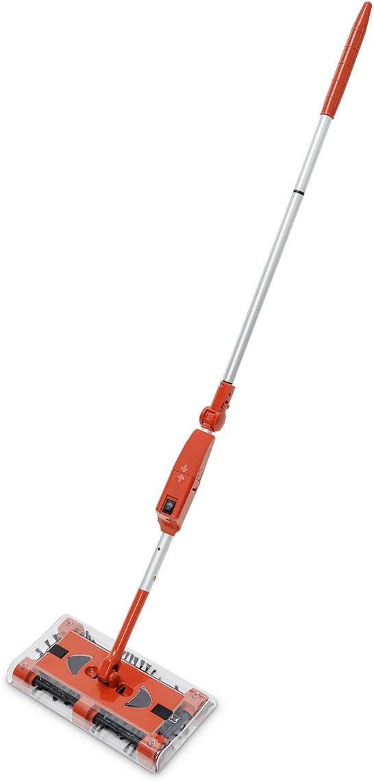 Relaxdays Akkubesen kabellos, Kehrbesen mit Akku & Ladegerät, Schmutzbehälter, verstellbarer Stiel 126 cm, rot/silber