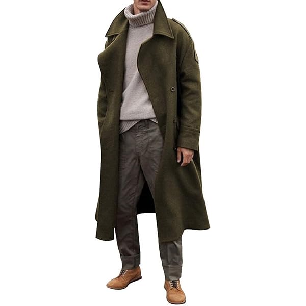 evzosrz Mens Oversized Trench Coat Notched Long Faux Wool Blend