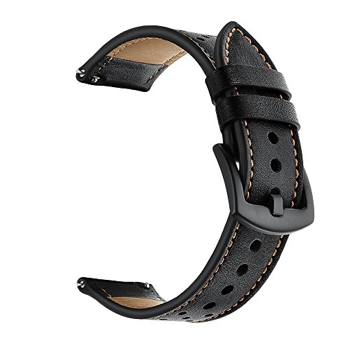 Balerion 20mm Genuine Leather Watch Band/strap for Fossil Gen 3 Q Control,Nokia HR 40MM Version,Skagen Falster touchscreen smartwatch,Samsung Gear sport-Black