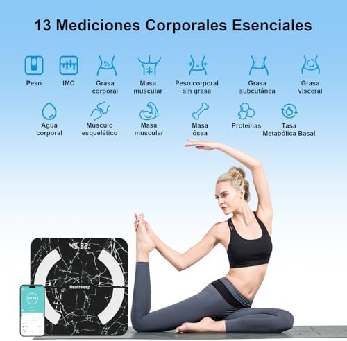 Balance - Báscula de equilibrio con Bluetooth (13 indicadores) para Andriod e iOS Max 180 kg/400 lb/28 cm, color negro