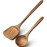 2 Pcs Wooden Spatula and Rice Spoon, Wood Wok Spatula Non-Stick Cooking Utensils for Frying Mixing Fish Spatula Turner Egg Fl