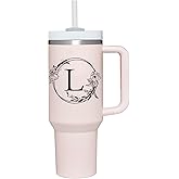 Personalized 40oz Tumbler Cup with Initials.Cup with Letter L 40oz Tumbler with Handle.Custom Tumbler Cup with Letter.Initial Monogram Tumbler Mug Gifts for Women Birthday Christmas.