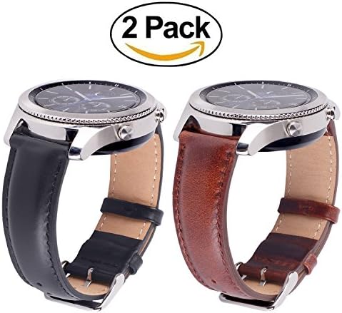 Gear S3 Frontier Bands with Quick Release Pins 22mm Genuine Leather Replacement Smart Watch Band for Samsung Gear S3 Frontier/S3 Classic Sports Smartwatch (Leather Black &amp; Brown With Silver Clasp)