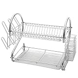 2-Tier Chrome Plating Iron Dish Drying Rack Utensil Holder with Drain Board, Chrome 17L x 9.25W x 10.5H Inches