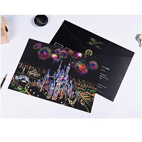 Ageqi Scratch Art Paper Rainbow Painting Sketch Pad for Adult and Kids, DIY Night View Scratchboard - 16'' x 11.2'' with 3 Tools (Dream Castle)
