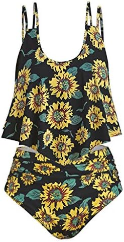 Cenglings Women Sunflower Print Two Pieces Bathing Suits Ruffled with High Waisted Bottom Tummy Control Bathing Suit