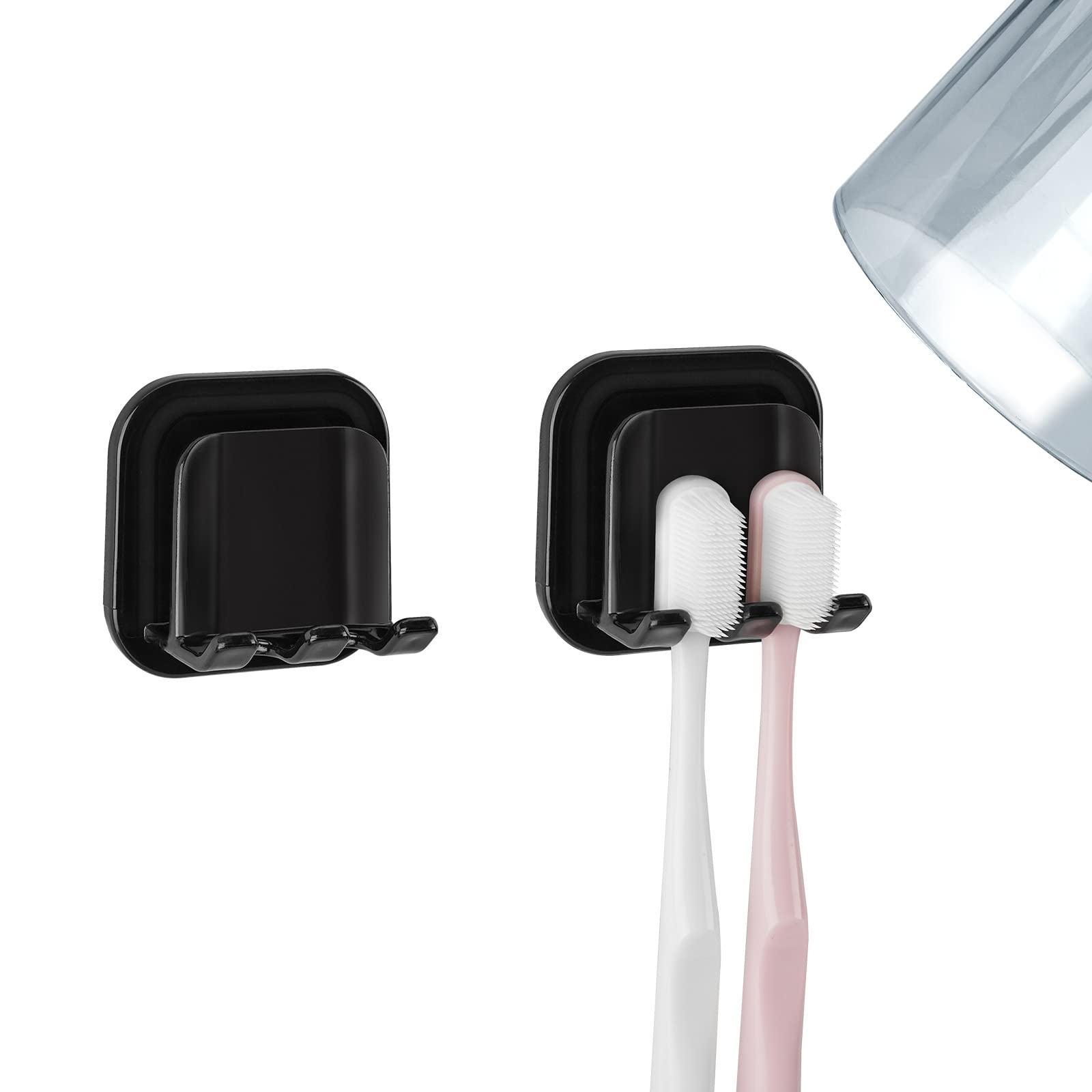 Photo 1 of 2 PCS Self-Adhesive Toothbrush Holders Wall Mounted, Water Proof Toothbrush Hook, 2 in 1 with Toothbrush Hanger and Gargle Cup Holder for Bathroom Shower (Black)