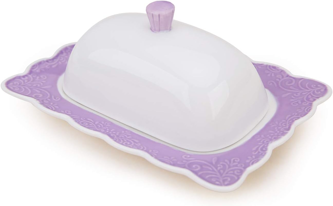 Butter Dish with Lid, Kitchenexus Vintage Ceramic Keeper with Cover Fits Western Coast Butter, Porcelain Butter Holder Purple