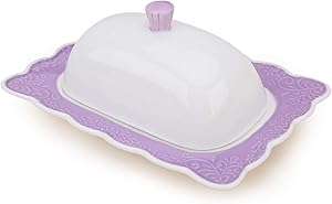 Butter Dish with Lid, Kitchenexus Vintage Ceramic Keeper with Cover Fits Western Coast Butter, Porcelain Butter Holder Purple