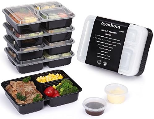SYMBOM 12 Piece 3 Compartment Meal Prep Containers with Lids BPA Free Portion Control Bento Lunch Boxes Plus 6 Bonus Condiment Cups - Stackable, Reusable, Microwave and Freezer Safe, 35 oz.