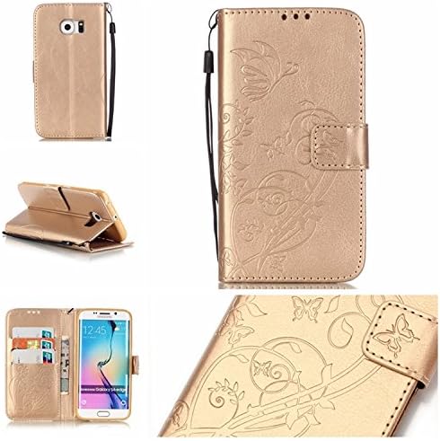 Galaxy Note4 N9100 Wallet Case, Samsung Galaxy Note 4 Case Embossed Butterfly PU Leather Flip Cover Detachable Magnetic Wallet with Card Slots and Wrist Strap Skin Golden