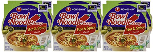 NONGSHIM RAMEN NOODLES, GOURMET INSTANT RAMEN BOWL, PREMIUM MICROWAVABLE NOODLE SOUP, HOT & SPICY, 3.03 OUNCE (PACK OF 6)
