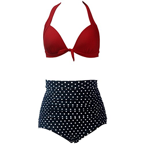 Agreya Women Vintage Polka Dot Halter High Waisted Bikini Swimsuit Set (Red-Black Dot, XXXL) …