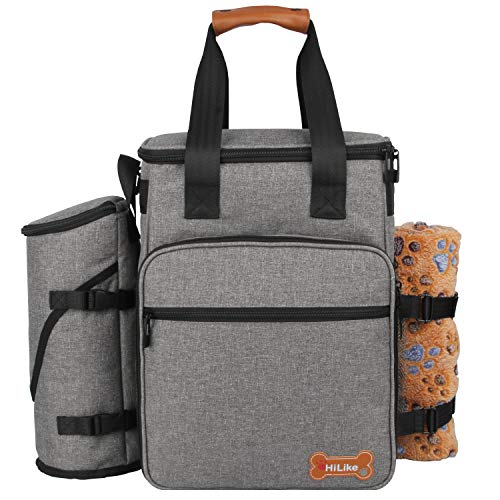 Hilike Premium Pet Travel Bag for Dog & Cat | Week Away Tote Organizer Bag for Dogs Travel | Incudes 1 Dog Tote Bag,1 Dog Food Carrier Bag, 2 Silicone Collapsible Bowls,1 Blanket,1 Frisbee(Grey)