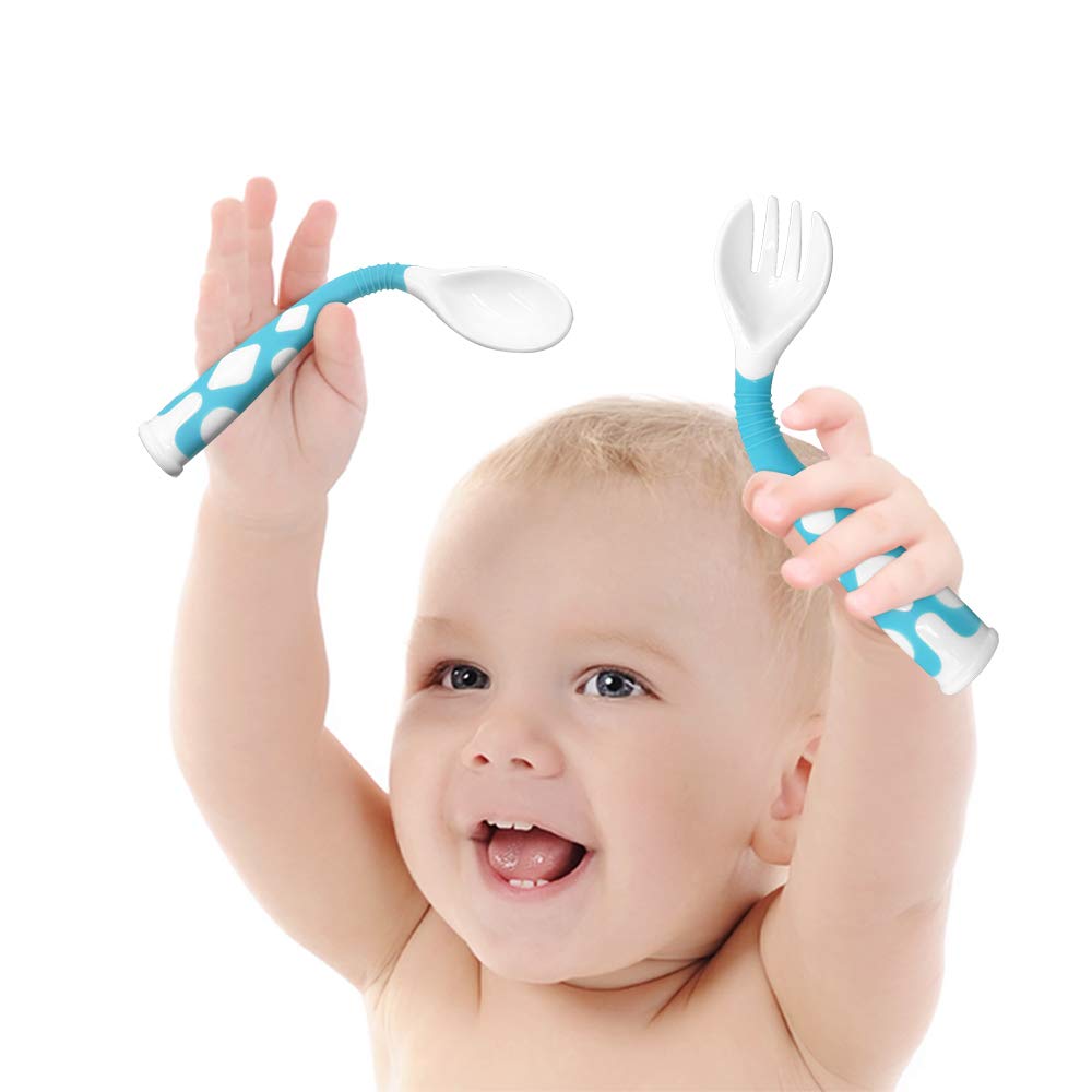 Babylöffel Von CalMyotis, Biegbare Baby löffel mit rutschfestem Griff, Baby-Utensilien Löffel mit Reisekoffe für Kleinkinder (Blau)