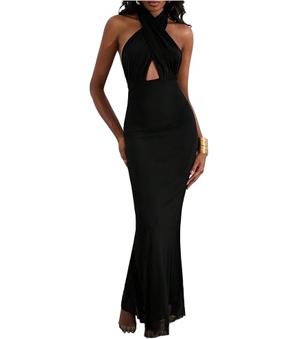 AISLUBXM Women Criss Cross Halter Satin Long Dress Backless Ball Gown Cocktail Party Evening Maxi Dresses Floor Length (Black, Small) : Clothing, Shoes & Jewelry