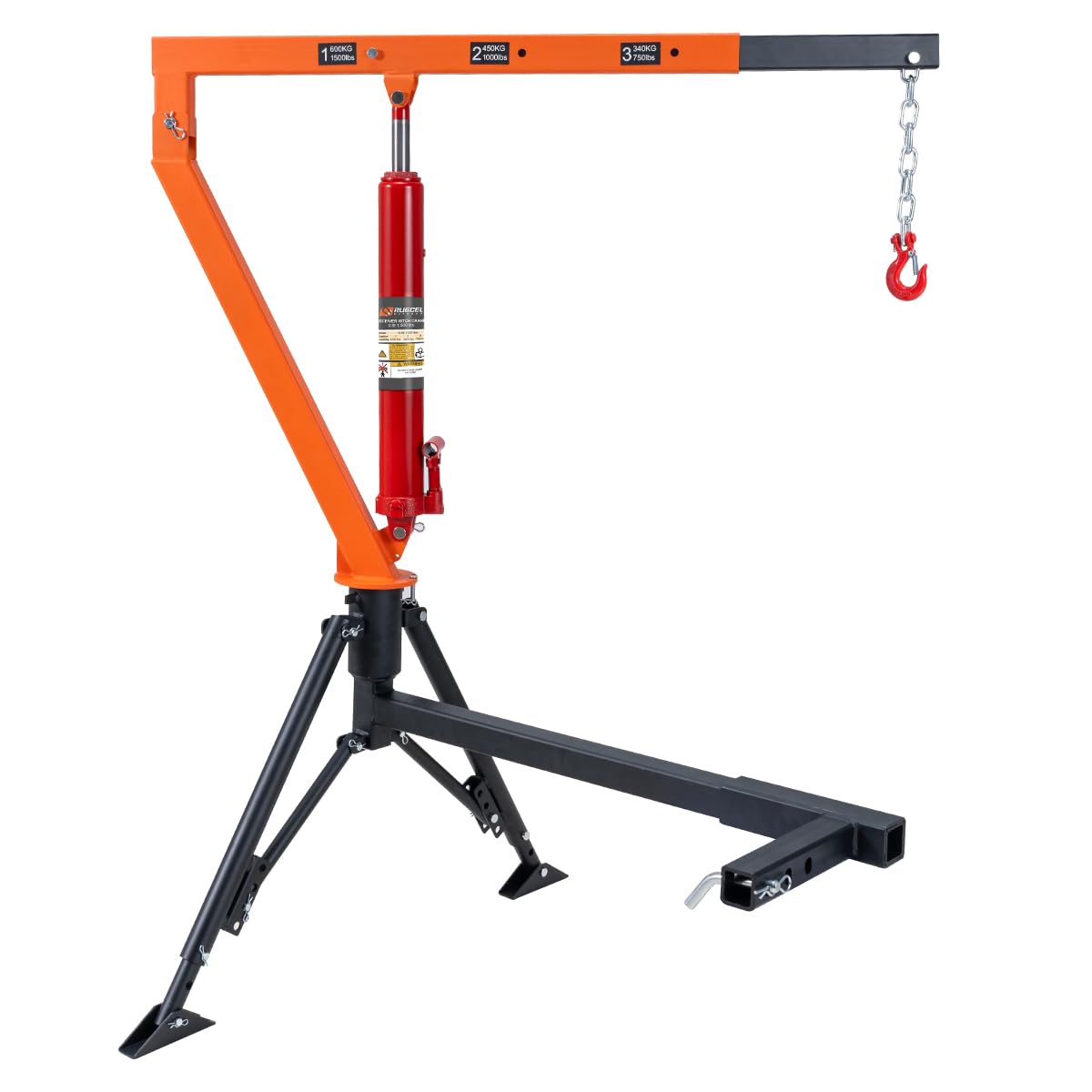 Photo 1 of 
Rugcel 1500 lb Stretchable Receiver Hitch Mounted Hydraulic Swivel Pickup Truck Crane, with Three Boom Capacities of 750 lb, 1000 lb and 1500 lb, is Used for Lifting Cargo in Industry, Construction